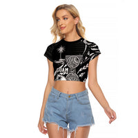 Personalised Guam Liberation Day Raglan Cropped T Shirt Black White Latte Stone Tribal Patterns DT05 Female Black - Polynesian Pride