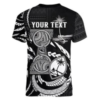 Personalised Guam Liberation Day Women V-Neck T-Shirt Black White Latte Stone Tribal Patterns DT05 - Polynesian Pride