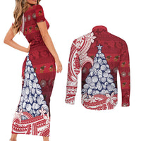 American Samoa Christmas Couples Matching Short Sleeve Bodycon Dress and Long Sleeve Button Shirt Seashell Xmas Tree Tribal Waves - Polynesian Pride