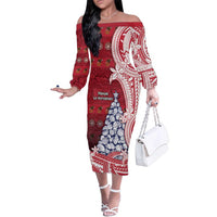 American Samoa Christmas Family Matching Off The Shoulder Long Sleeve Dress and Hawaiian Shirt Seashell Xmas Tree Tribal Waves DT05 Mom's Dress Red - Polynesian Pride