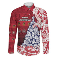 American Samoa Christmas Family Matching Off Shoulder Maxi Dress and Hawaiian Shirt Seashell Xmas Tree Tribal Waves DT05 Dad's Shirt - Long Sleeve Red - Polynesian Pride