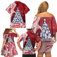 American Samoa Christmas Family Matching Off Shoulder Short Dress and Hawaiian Shirt Seashell Xmas Tree Tribal Waves DT05 - Polynesian Pride