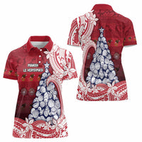 American Samoa Christmas Women Polo Shirt Seashell Xmas Tree Tribal Waves - Polynesian Pride