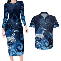 New Zealand Matariki Couples Matching Long Sleeve Bodycon Dress and Hawaiian Shirt Maori Tui Bird Blue Galaxy DT05 Blue - Polynesian Pride