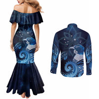 New Zealand Matariki Couples Matching Mermaid Dress and Long Sleeve Button Shirt Maori Tui Bird Blue Galaxy