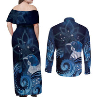 New Zealand Matariki Couples Matching Off Shoulder Maxi Dress and Long Sleeve Button Shirt Maori Tui Bird Blue Galaxy DT05 - Polynesian Pride