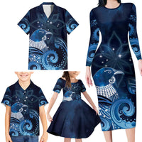 New Zealand Matariki Family Matching Long Sleeve Bodycon Dress and Hawaiian Shirt Maori Tui Bird Blue Galaxy DT05 - Polynesian Pride