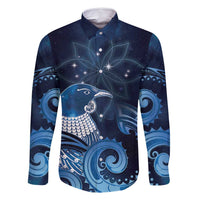 New Zealand Matariki Family Matching Long Sleeve Bodycon Dress and Hawaiian Shirt Maori Tui Bird Blue Galaxy DT05 Dad's Shirt - Long Sleeve Blue - Polynesian Pride