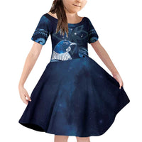 New Zealand Matariki Family Matching Off Shoulder Short Dress and Hawaiian Shirt Maori Tui Bird Blue Galaxy DT05 Daughter's Dress Blue - Polynesian Pride