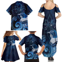 New Zealand Matariki Family Matching Summer Maxi Dress and Hawaiian Shirt Maori Tui Bird Blue Galaxy
