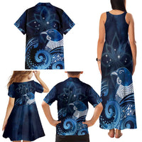 New Zealand Matariki Family Matching Tank Maxi Dress and Hawaiian Shirt Maori Tui Bird Blue Galaxy DT05 - Polynesian Pride
