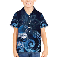 New Zealand Matariki Kid Hawaiian Shirt Maori Tui Bird Blue Galaxy