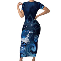 New Zealand Matariki Short Sleeve Bodycon Dress Maori Tui Bird Blue Galaxy