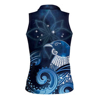 New Zealand Matariki Women Sleeveless Polo Shirt Maori Tui Bird Blue Galaxy