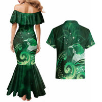 New Zealand Matariki Couples Matching Mermaid Dress and Hawaiian Shirt Maori Tui Bird Green Galaxy DT05 - Polynesian Pride