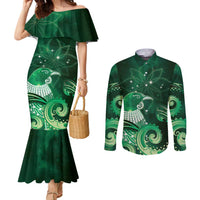 New Zealand Matariki Couples Matching Mermaid Dress and Long Sleeve Button Shirt Maori Tui Bird Green Galaxy DT05 Green - Polynesian Pride