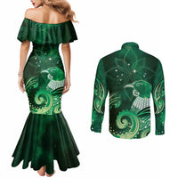 New Zealand Matariki Couples Matching Mermaid Dress and Long Sleeve Button Shirt Maori Tui Bird Green Galaxy DT05 - Polynesian Pride