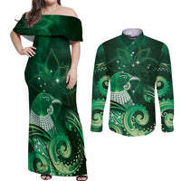 New Zealand Matariki Couples Matching Off Shoulder Maxi Dress and Long Sleeve Button Shirt Maori Tui Bird Green Galaxy DT05 Green - Polynesian Pride