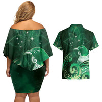 New Zealand Matariki Couples Matching Off Shoulder Short Dress and Hawaiian Shirt Maori Tui Bird Green Galaxy DT05 - Polynesian Pride