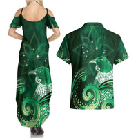 New Zealand Matariki Couples Matching Summer Maxi Dress and Hawaiian Shirt Maori Tui Bird Green Galaxy DT05 - Polynesian Pride
