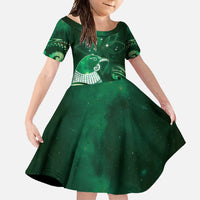 New Zealand Matariki Family Matching Long Sleeve Bodycon Dress and Hawaiian Shirt Maori Tui Bird Green Galaxy DT05 Daughter's Dress Green - Polynesian Pride
