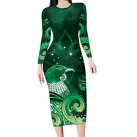 New Zealand Matariki Family Matching Long Sleeve Bodycon Dress and Hawaiian Shirt Maori Tui Bird Green Galaxy DT05 Mom's Dress Green - Polynesian Pride