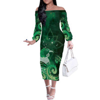 New Zealand Matariki Family Matching Off The Shoulder Long Sleeve Dress and Hawaiian Shirt Maori Tui Bird Green Galaxy DT05 Mom's Dress Green - Polynesian Pride