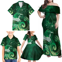 New Zealand Matariki Family Matching Off Shoulder Maxi Dress and Hawaiian Shirt Maori Tui Bird Green Galaxy DT05 - Polynesian Pride