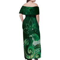 New Zealand Matariki Family Matching Off Shoulder Maxi Dress and Hawaiian Shirt Maori Tui Bird Green Galaxy DT05 - Polynesian Pride