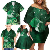 New Zealand Matariki Family Matching Off Shoulder Short Dress and Hawaiian Shirt Maori Tui Bird Green Galaxy DT05 - Polynesian Pride