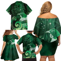 New Zealand Matariki Family Matching Off Shoulder Short Dress and Hawaiian Shirt Maori Tui Bird Green Galaxy DT05 - Polynesian Pride