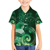 New Zealand Matariki Family Matching Off Shoulder Short Dress and Hawaiian Shirt Maori Tui Bird Green Galaxy DT05 Son's Shirt Green - Polynesian Pride