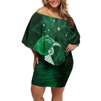 New Zealand Matariki Off Shoulder Short Dress Maori Tui Bird Green Galaxy DT05 Women Green - Polynesian Pride