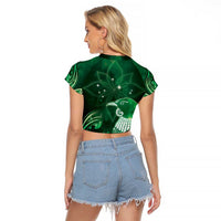 New Zealand Matariki Raglan Cropped T Shirt Maori Tui Bird Green Galaxy DT05 - Polynesian Pride