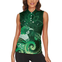 New Zealand Matariki Women Sleeveless Polo Shirt Maori Tui Bird Green Galaxy DT05 - Polynesian Pride