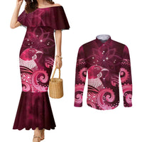 New Zealand Matariki Couples Matching Mermaid Dress and Long Sleeve Button Shirt Maori Tui Bird Magenta Galaxy DT05 Magenta - Polynesian Pride