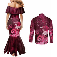 New Zealand Matariki Couples Matching Mermaid Dress and Long Sleeve Button Shirt Maori Tui Bird Magenta Galaxy DT05 - Polynesian Pride