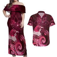 New Zealand Matariki Couples Matching Off Shoulder Maxi Dress and Hawaiian Shirt Maori Tui Bird Magenta Galaxy DT05 Magenta - Polynesian Pride