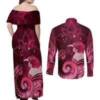 New Zealand Matariki Couples Matching Off Shoulder Maxi Dress and Long Sleeve Button Shirt Maori Tui Bird Magenta Galaxy DT05 - Polynesian Pride
