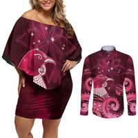 New Zealand Matariki Couples Matching Off Shoulder Short Dress and Long Sleeve Button Shirt Maori Tui Bird Magenta Galaxy DT05 Magenta - Polynesian Pride