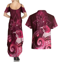 New Zealand Matariki Couples Matching Summer Maxi Dress and Hawaiian Shirt Maori Tui Bird Magenta Galaxy DT05 - Polynesian Pride