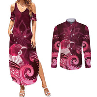 New Zealand Matariki Couples Matching Summer Maxi Dress and Long Sleeve Button Shirt Maori Tui Bird Magenta Galaxy DT05 Magenta - Polynesian Pride