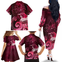 New Zealand Matariki Family Matching Off The Shoulder Long Sleeve Dress and Hawaiian Shirt Maori Tui Bird Magenta Galaxy DT05 - Polynesian Pride
