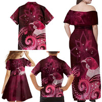 New Zealand Matariki Family Matching Off Shoulder Maxi Dress and Hawaiian Shirt Maori Tui Bird Magenta Galaxy DT05 - Polynesian Pride