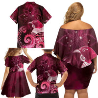 New Zealand Matariki Family Matching Off Shoulder Short Dress and Hawaiian Shirt Maori Tui Bird Magenta Galaxy DT05 - Polynesian Pride