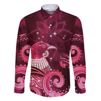 New Zealand Matariki Family Matching Short Sleeve Bodycon Dress and Hawaiian Shirt Maori Tui Bird Magenta Galaxy DT05 Dad's Shirt - Long Sleeve Magenta - Polynesian Pride