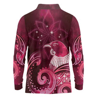 New Zealand Matariki Long Sleeve Polo Shirt Maori Tui Bird Magenta Galaxy DT05 - Polynesian Pride