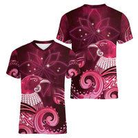 New Zealand Matariki Women V-Neck T-Shirt Maori Tui Bird Magenta Galaxy DT05 - Polynesian Pride