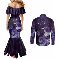 New Zealand Matariki Couples Matching Mermaid Dress and Long Sleeve Button Shirt Maori Tui Bird Purple Galaxy DT05 - Polynesian Pride