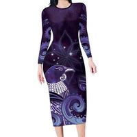 New Zealand Matariki Family Matching Long Sleeve Bodycon Dress and Hawaiian Shirt Maori Tui Bird Purple Galaxy DT05 Mom's Dress Purple - Polynesian Pride